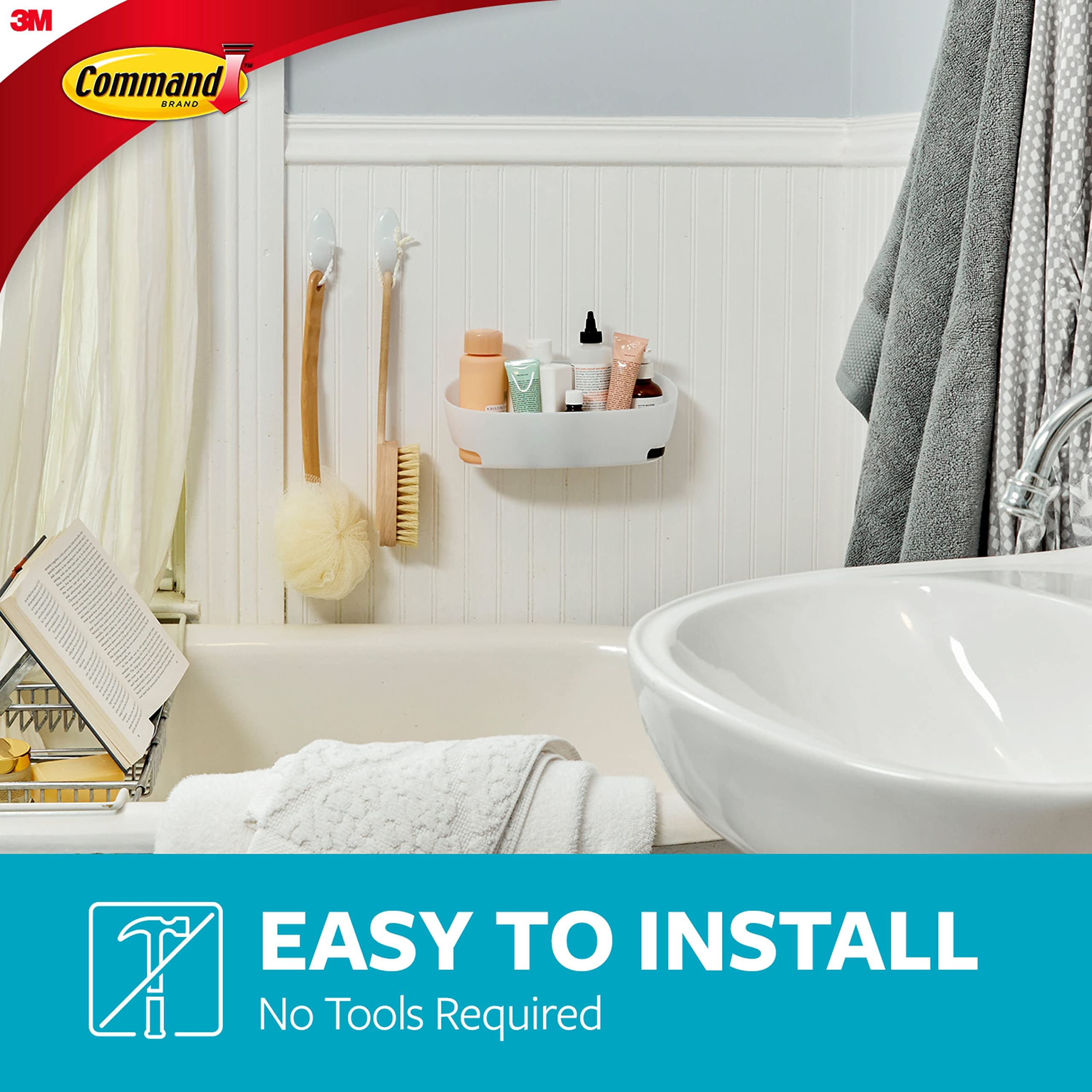 Command Bathroom Accessories, 5 Piece Bathroom Organizer Set - 1 Shower Caddy, 1 Soap Dish, 1 Toothbrush Holder, 2 Hooks With Wa